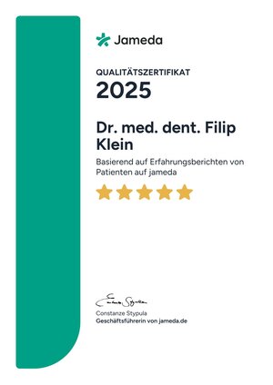 Jameda-Qualitätszertifikat 2025 für Dr. Filip Klein